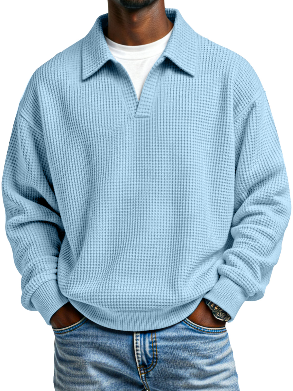 Fashionable Waffle Loose Fake Two Piece Lapel Long Sleeve Top