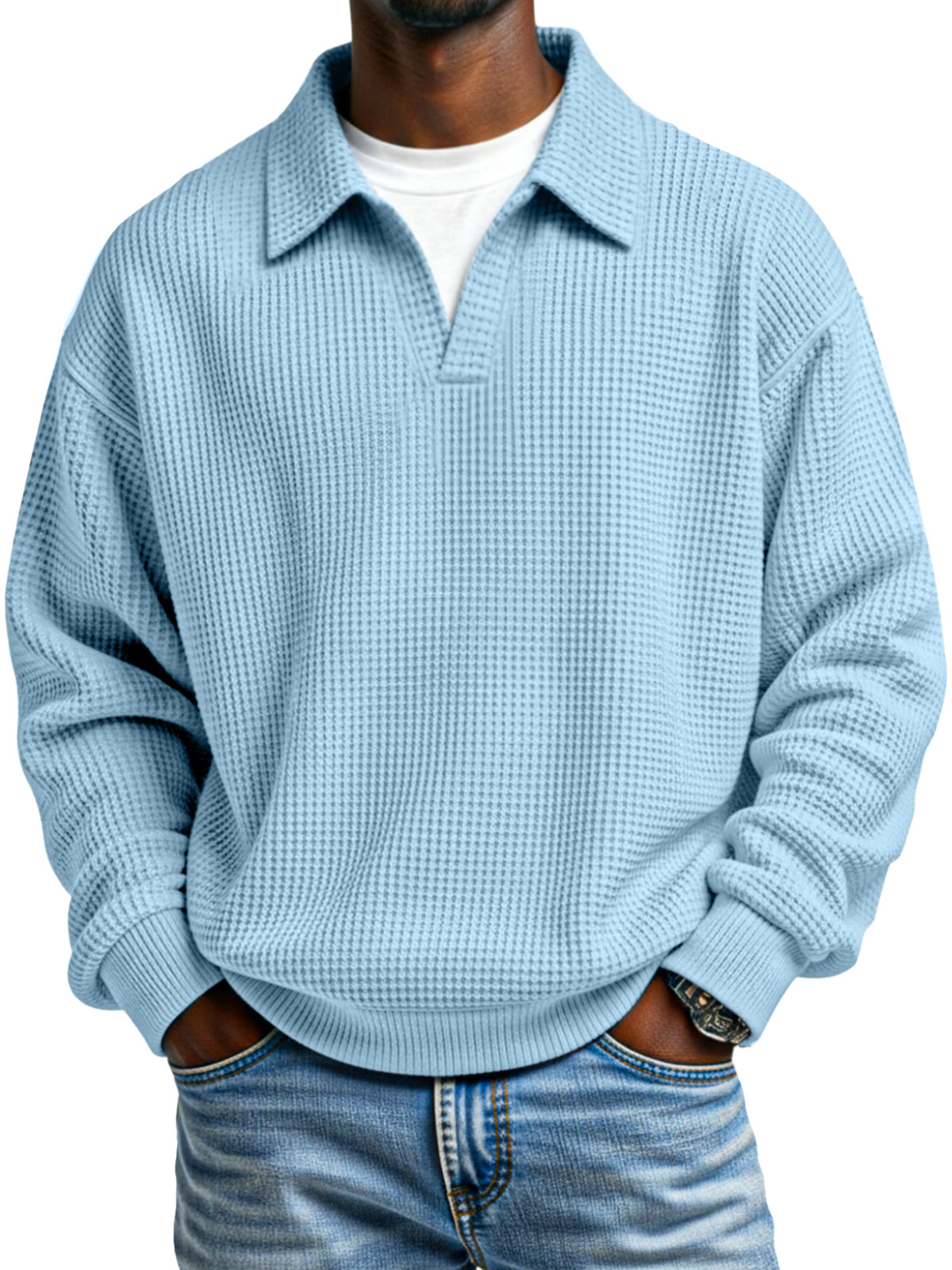 Fashionable Waffle Loose Fake Two Piece Lapel Long Sleeve Top