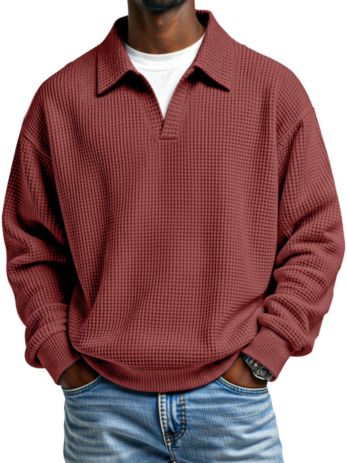 Fashionable Waffle Loose Fake Two Piece Lapel Long Sleeve Top