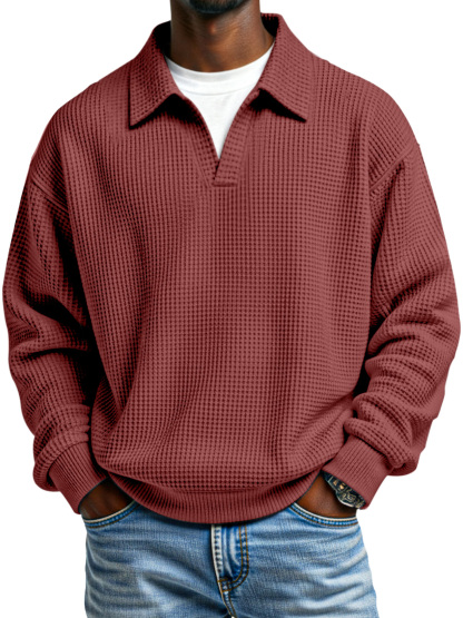 Fashionable Waffle Loose Fake Two Piece Lapel Long Sleeve Top