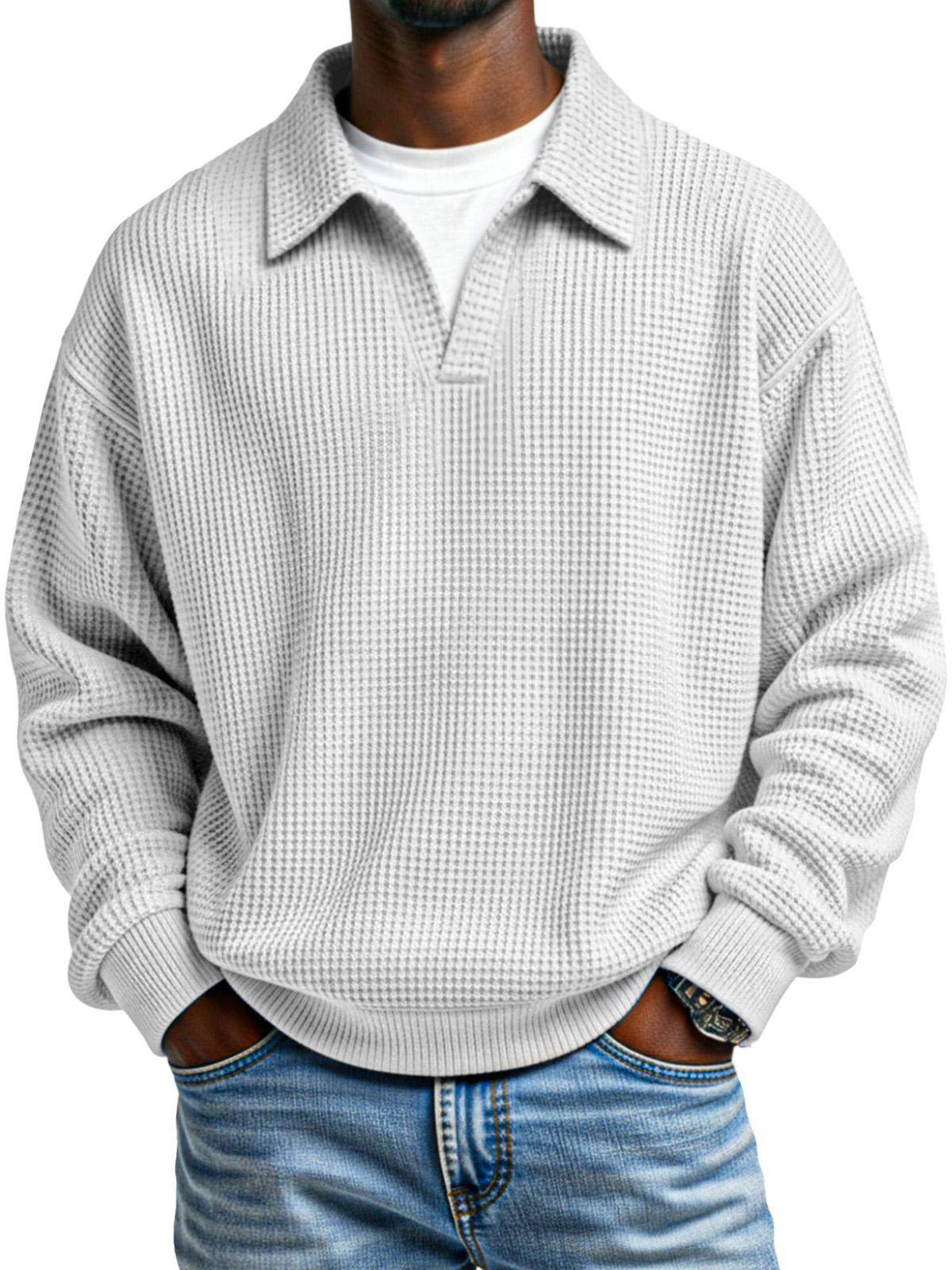 Fashionable Waffle Loose Fake Two Piece Lapel Long Sleeve Top