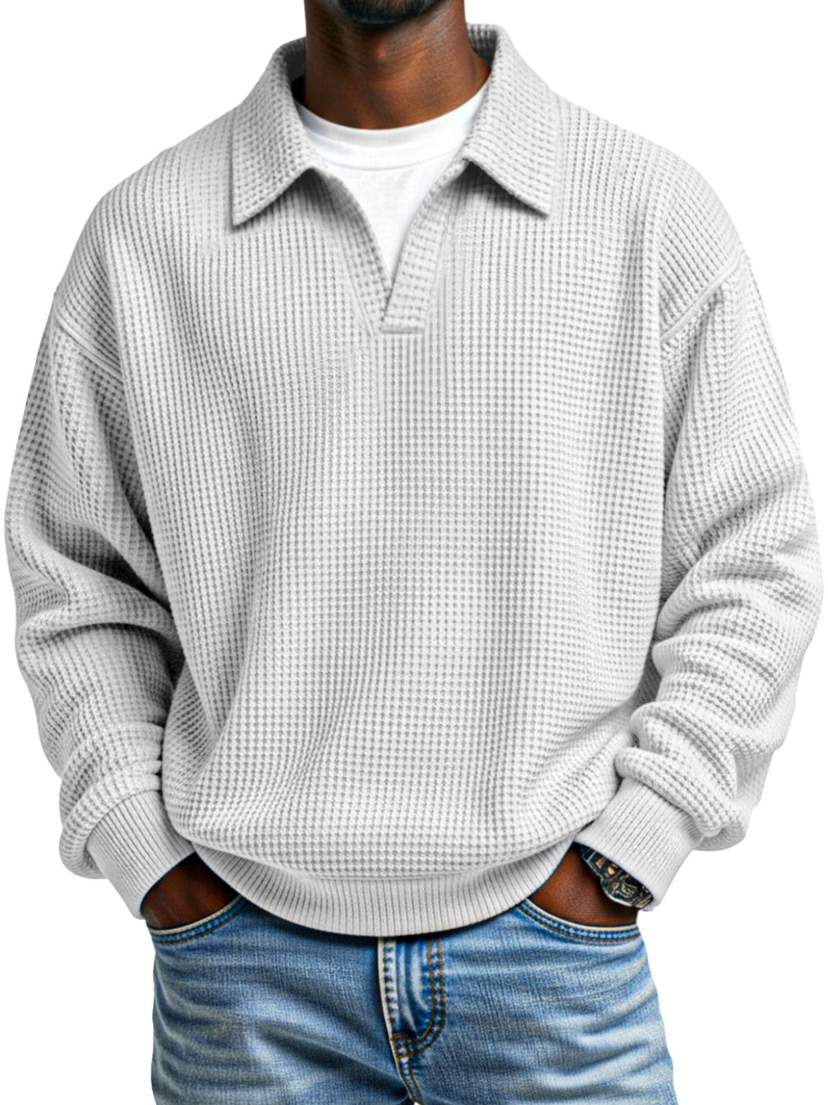 Fashionable Waffle Loose Fake Two Piece Lapel Long Sleeve Top