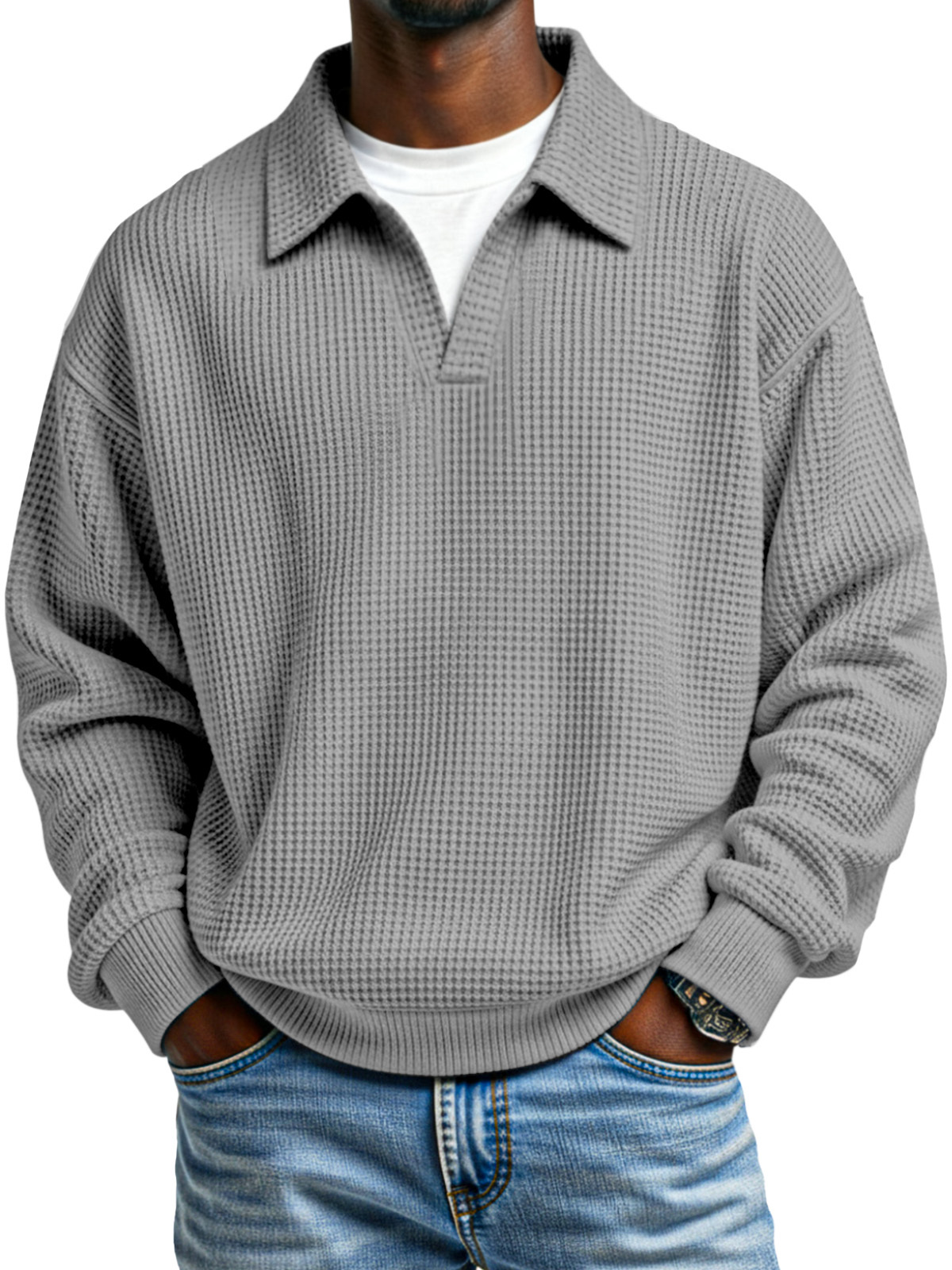 Fashionable Waffle Loose Fake Two Piece Lapel Long Sleeve Top