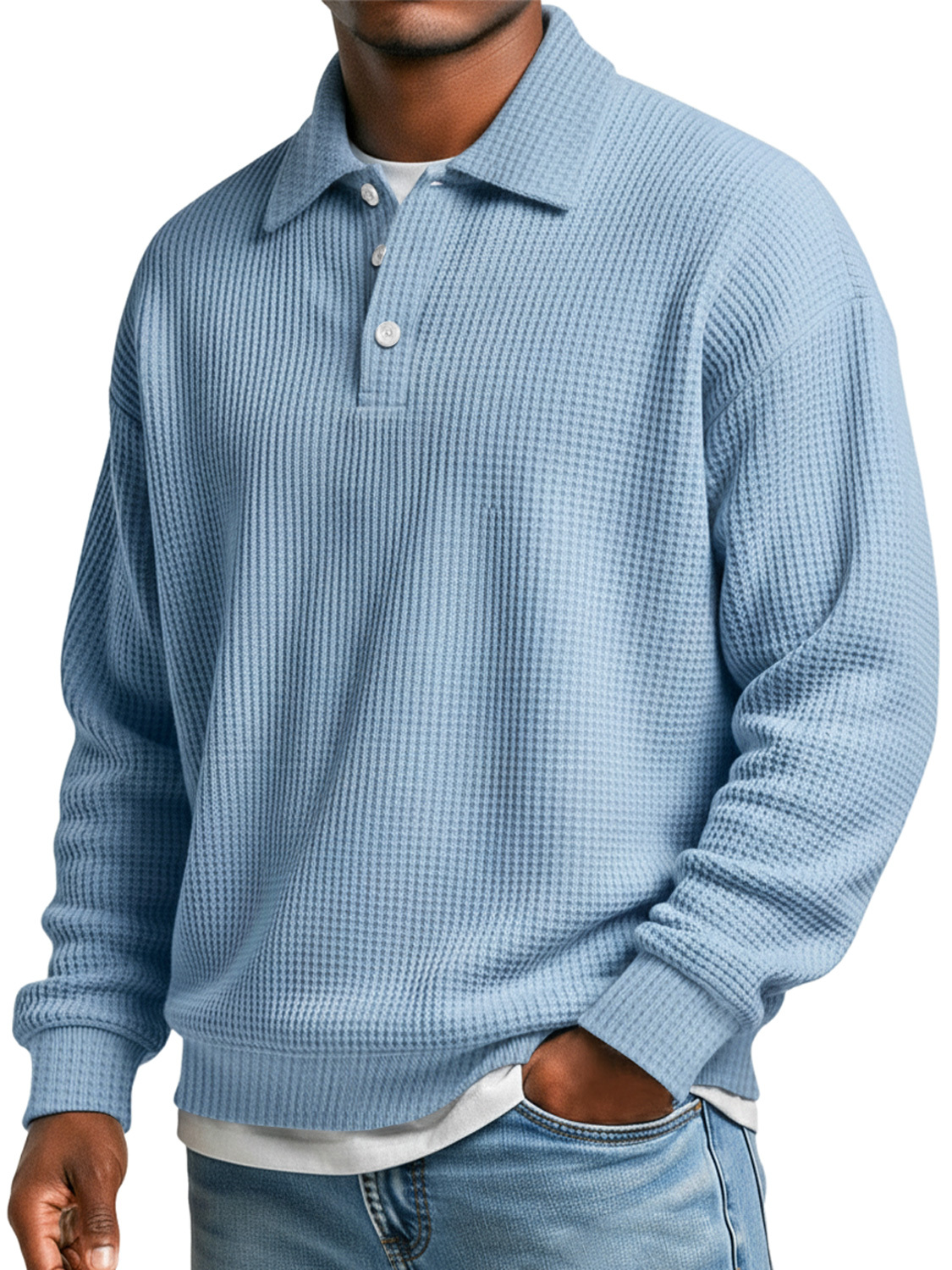 Men's Waffle Simple Lapel Button Casual Loose Polo Shirt