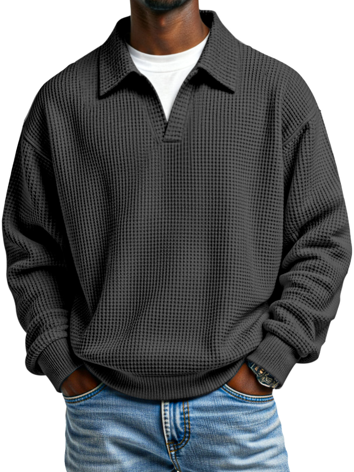 Fashionable Waffle Loose Fake Two Piece Lapel Long Sleeve Top