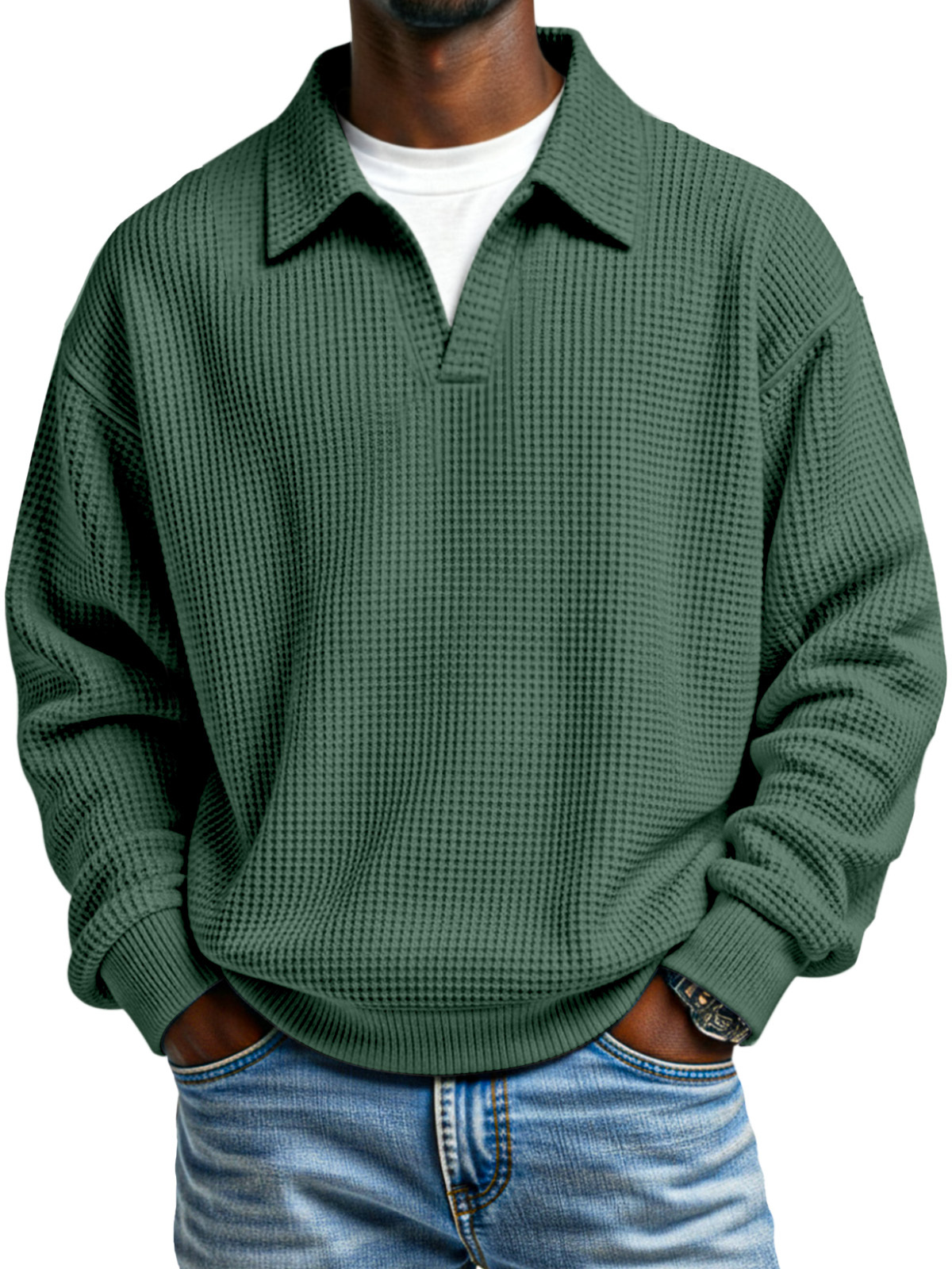 Fashionable Waffle Loose Fake Two Piece Lapel Long Sleeve Top