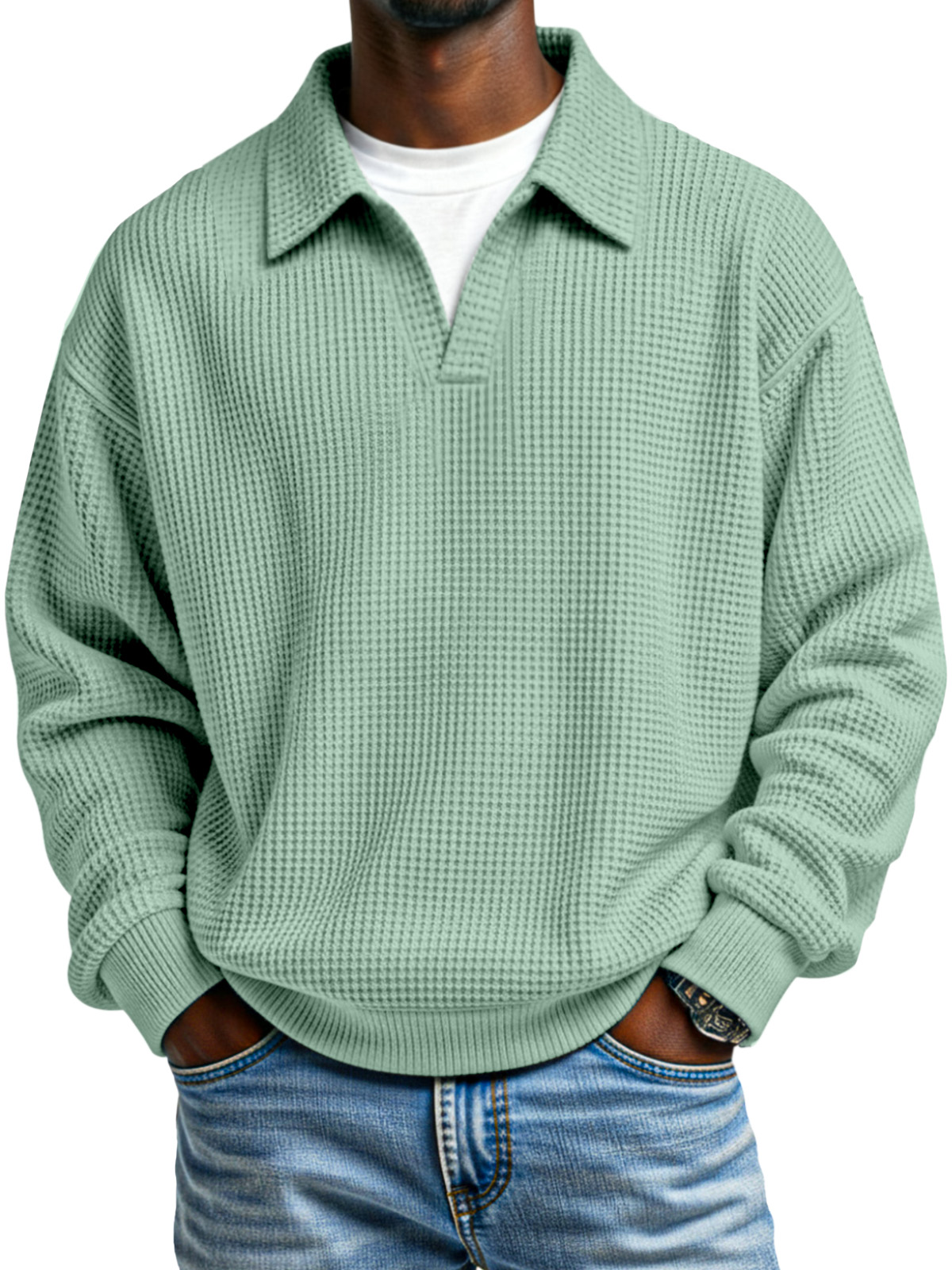 Fashionable Waffle Loose Fake Two Piece Lapel Long Sleeve Top