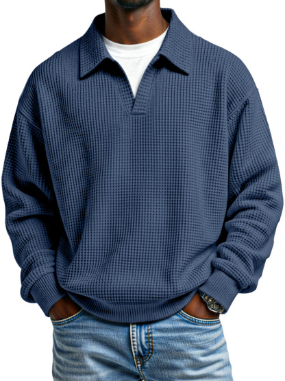 Fashionable Waffle Loose Fake Two Piece Lapel Long Sleeve Top