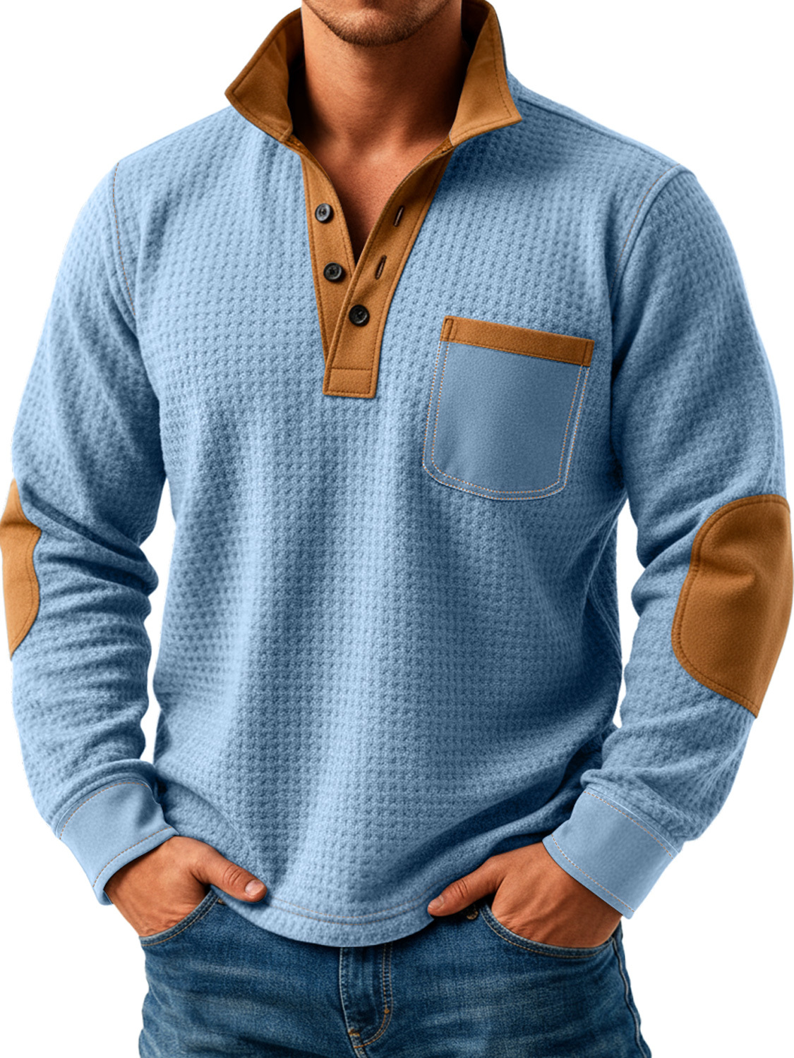 Men's Retro Texture Splicing Stand Collar Button Casual Long Sleeve POLO Shirt