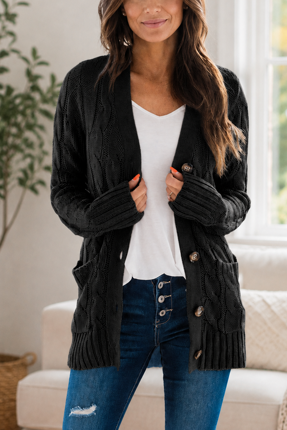 New Arrival🔥Women's Solid-Color Cable-Knit Button-Front Cardigan