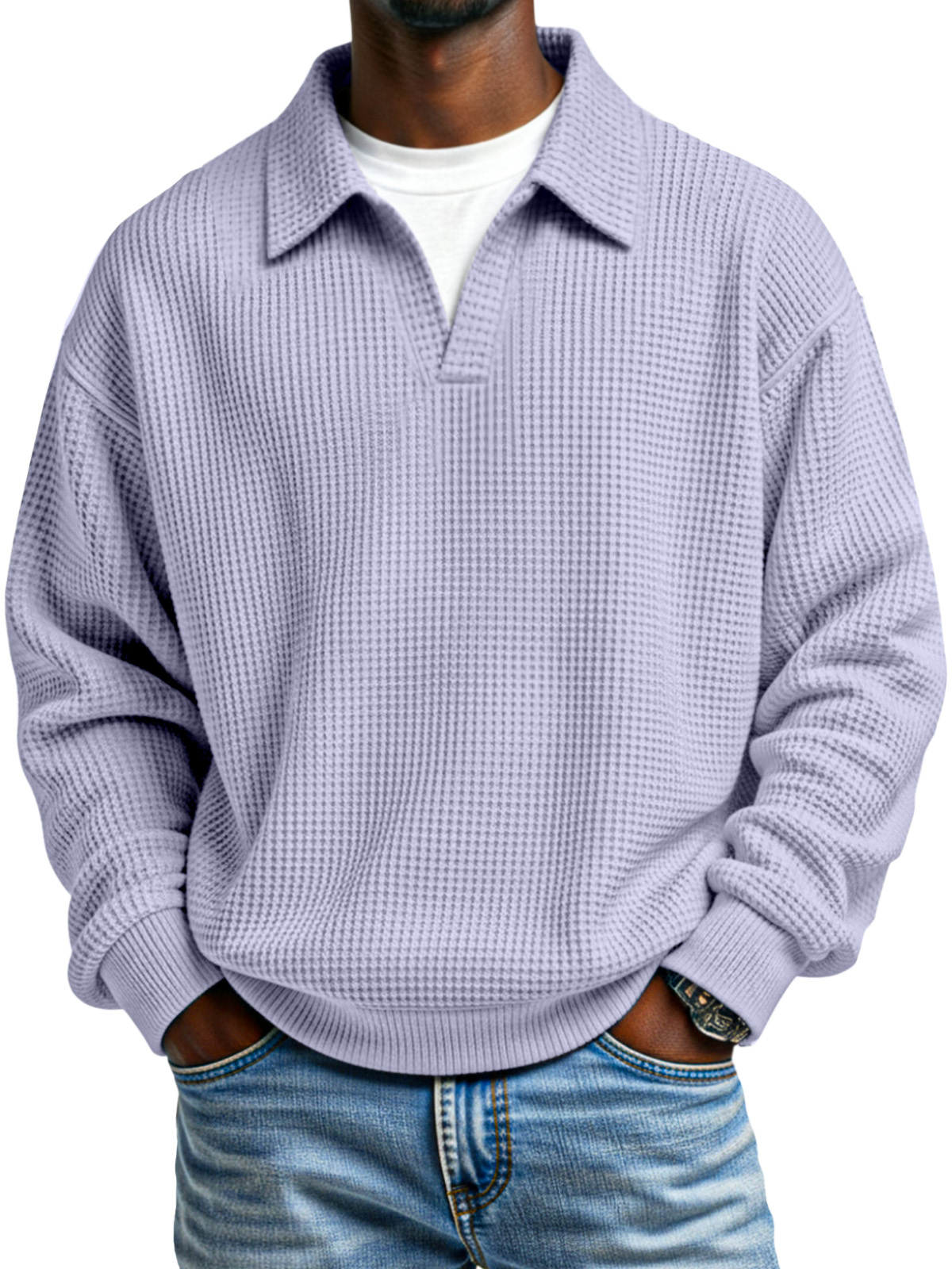 Fashionable Waffle Loose Fake Two Piece Lapel Long Sleeve Top