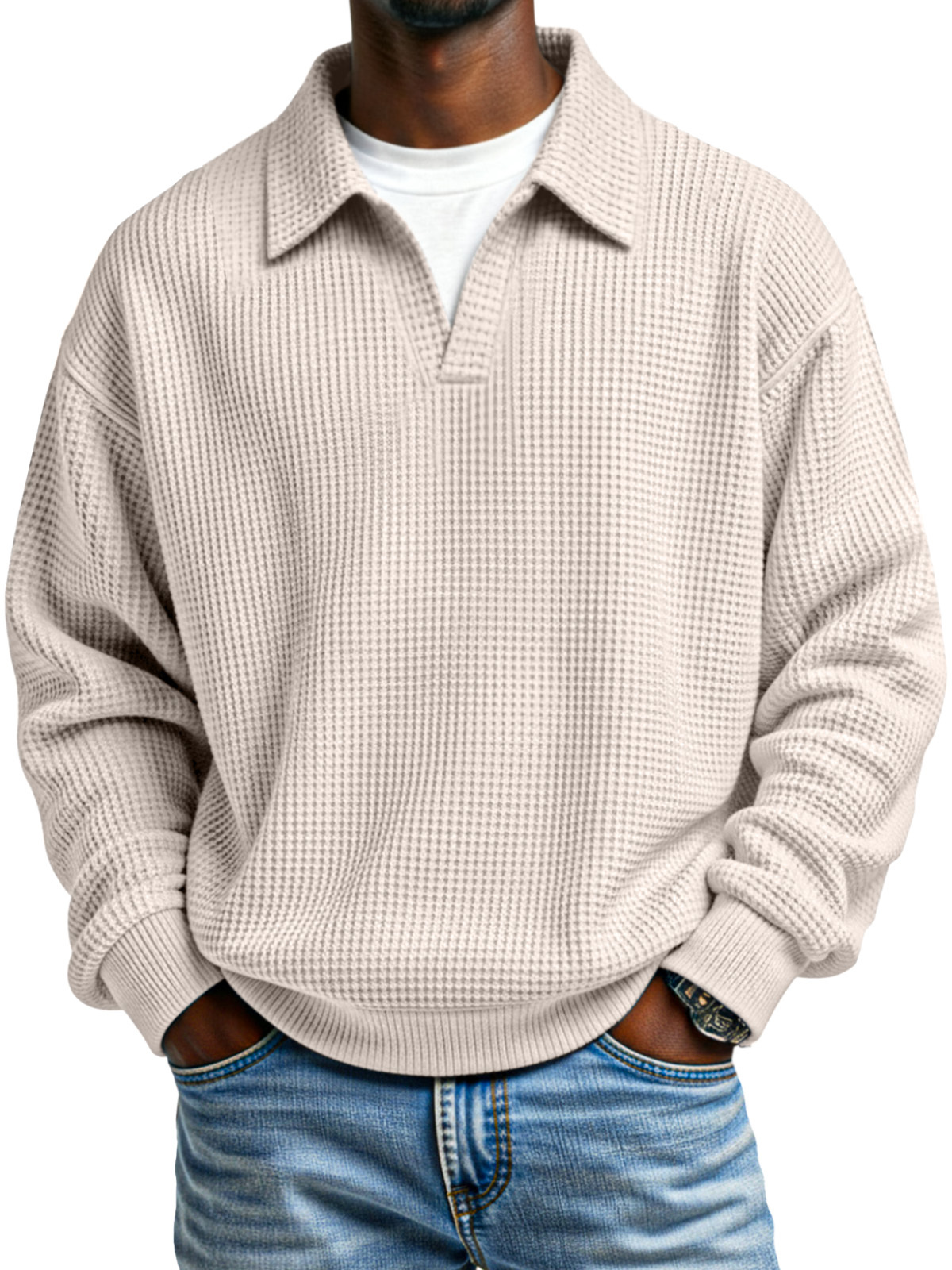 Fashionable Waffle Loose Fake Two Piece Lapel Long Sleeve Top