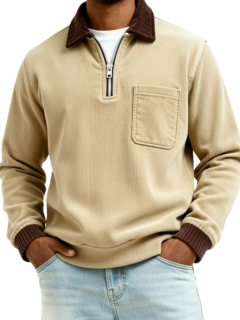 Men's Fashionable Casual Ribbed Patchwork Pocket Long-Sleeved Collared