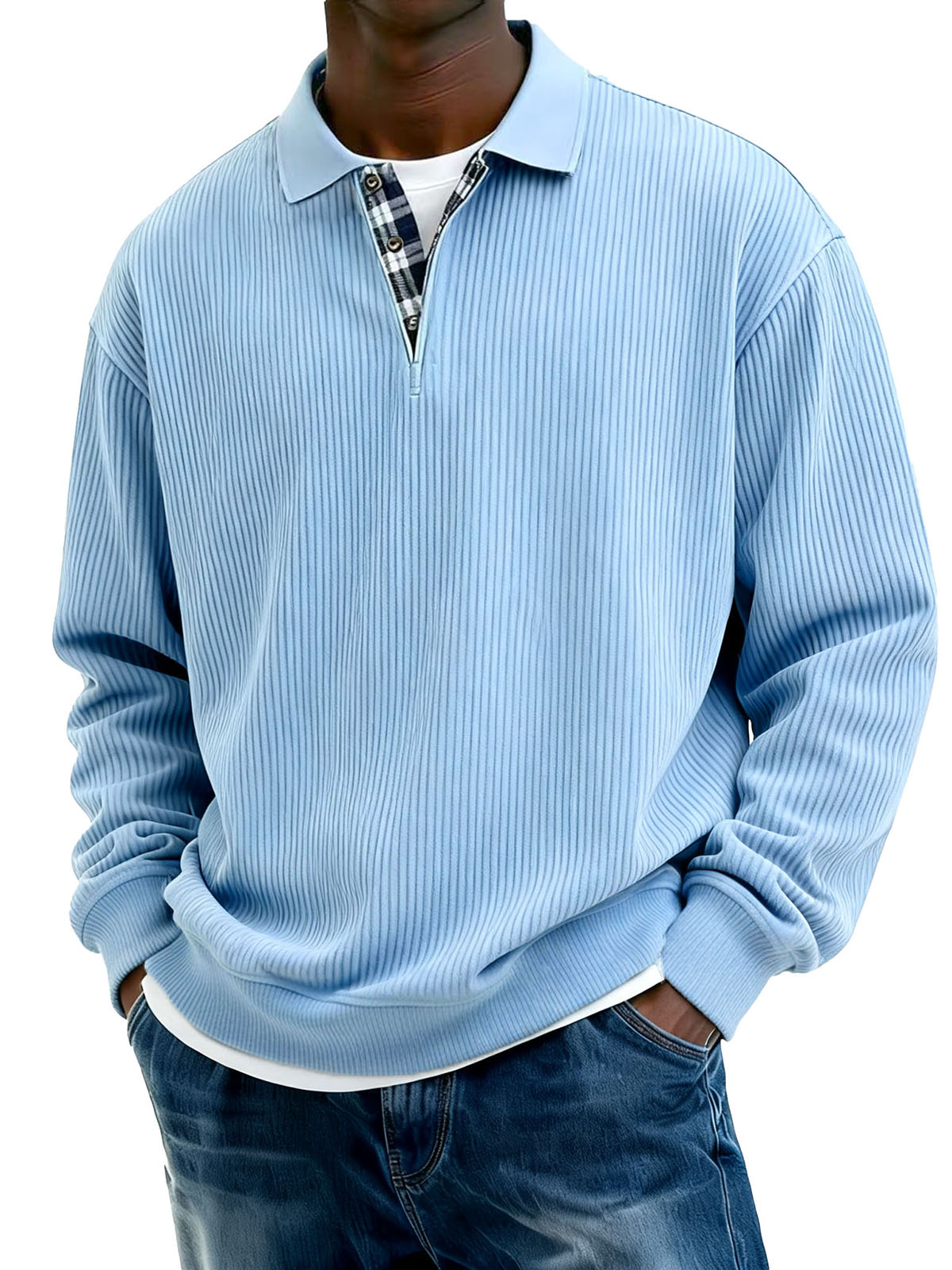Men's Stylish Everyday Plaid Placket Patchwork Ribbed Fabric Long-sleeved Polo Shirt