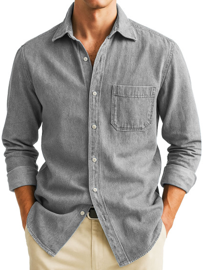  Men's Stylish Casual Retro Outdoor Pocket Long-sleeved Lapel Polo Shirt 