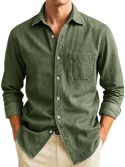  Men's Stylish Casual Retro Outdoor Pocket Long-sleeved Lapel Polo Shirt 