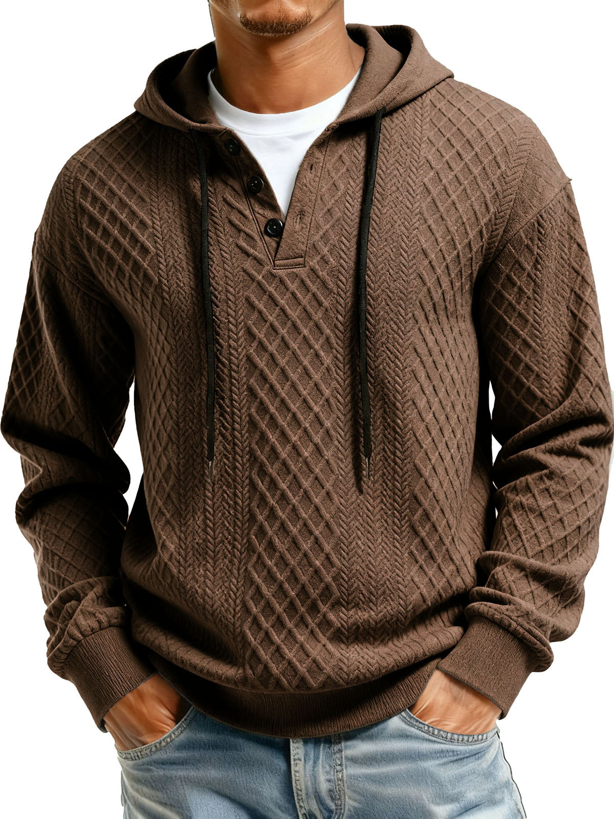 Men's Casual Jacquard Fabric Buttons Long-sleeved Hoodie