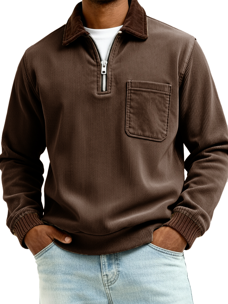 Men's Fashionable Casual Ribbed Patchwork Pocket Long-Sleeved Collared Polo Shirt