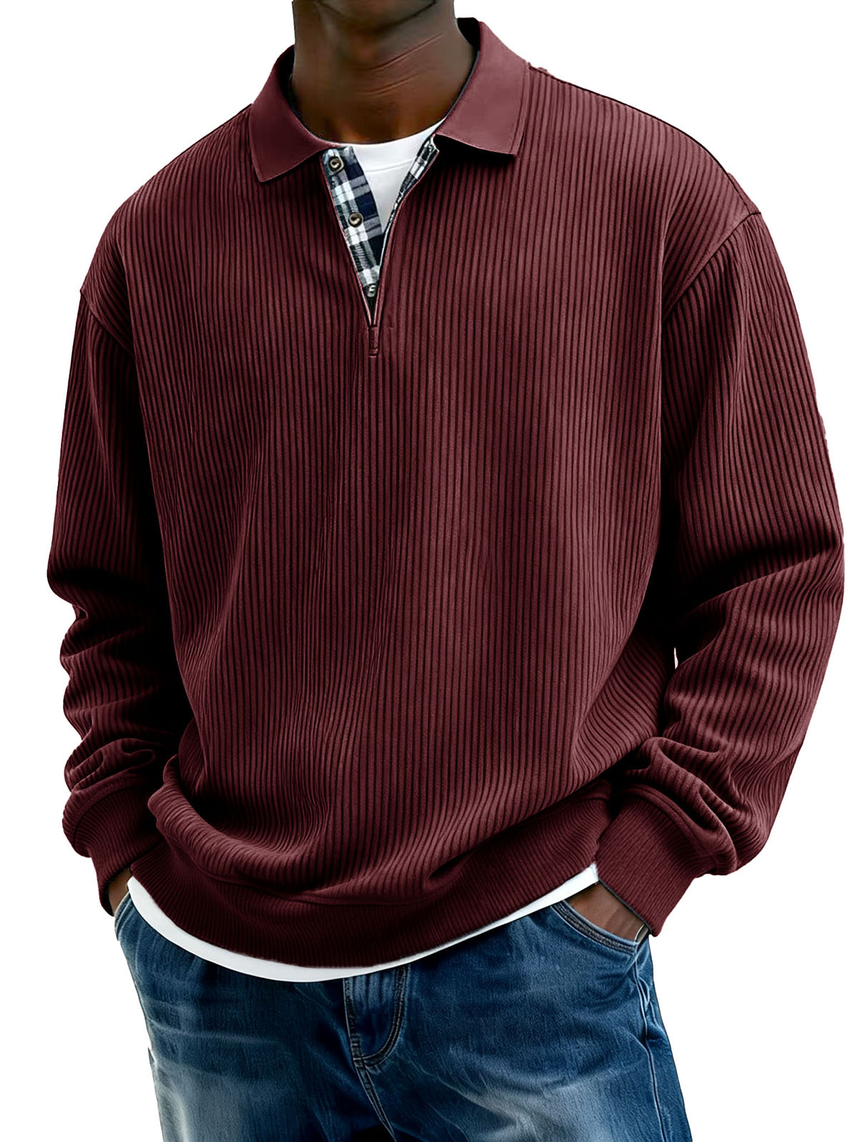 Men's Stylish Everyday Plaid Placket Patchwork Ribbed Fabric Long-sleeved Polo Shirt