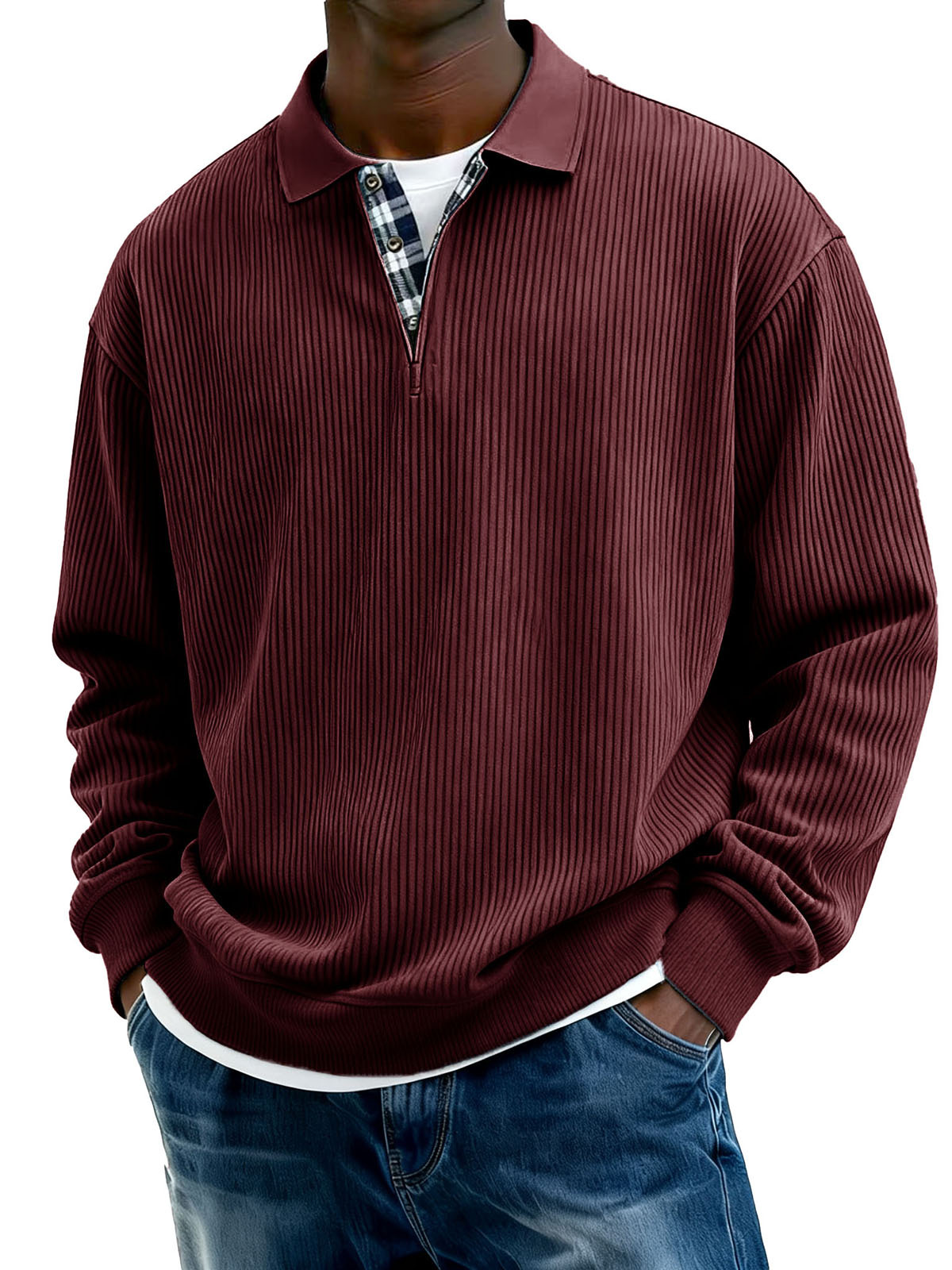 Men's Stylish Everyday Plaid Placket Patchwork Ribbed Fabric Long-sleeved Polo Shirt