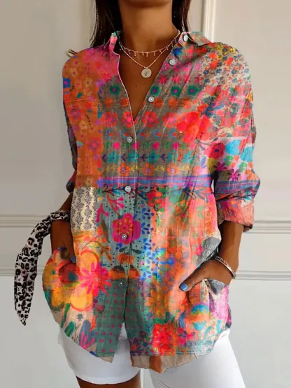 WOMEN'S ABSTRACT LINE COTTON LINEN SHIRT