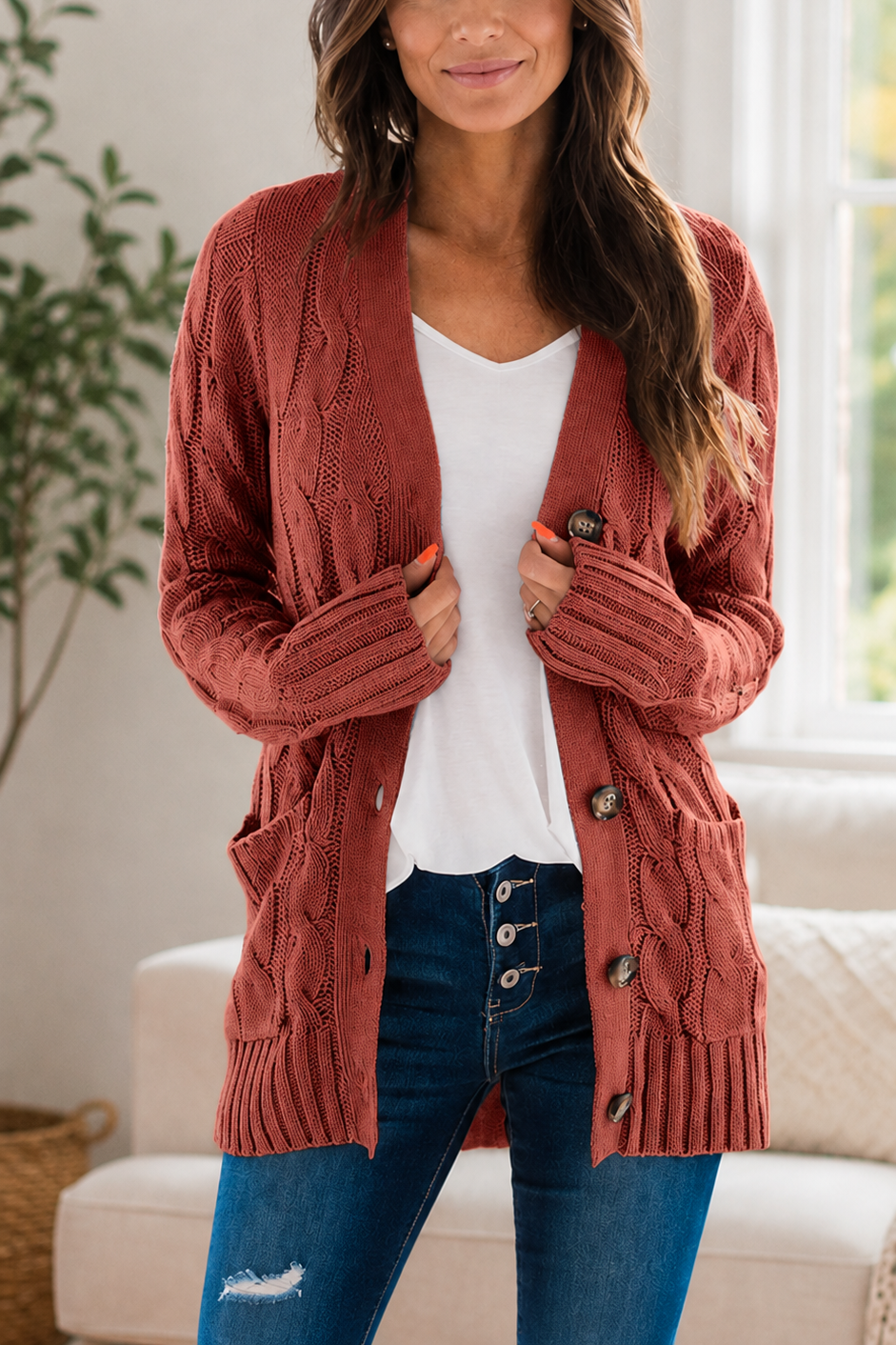 New Arrival🔥Women's Solid-Color Cable-Knit Button-Front Cardigan