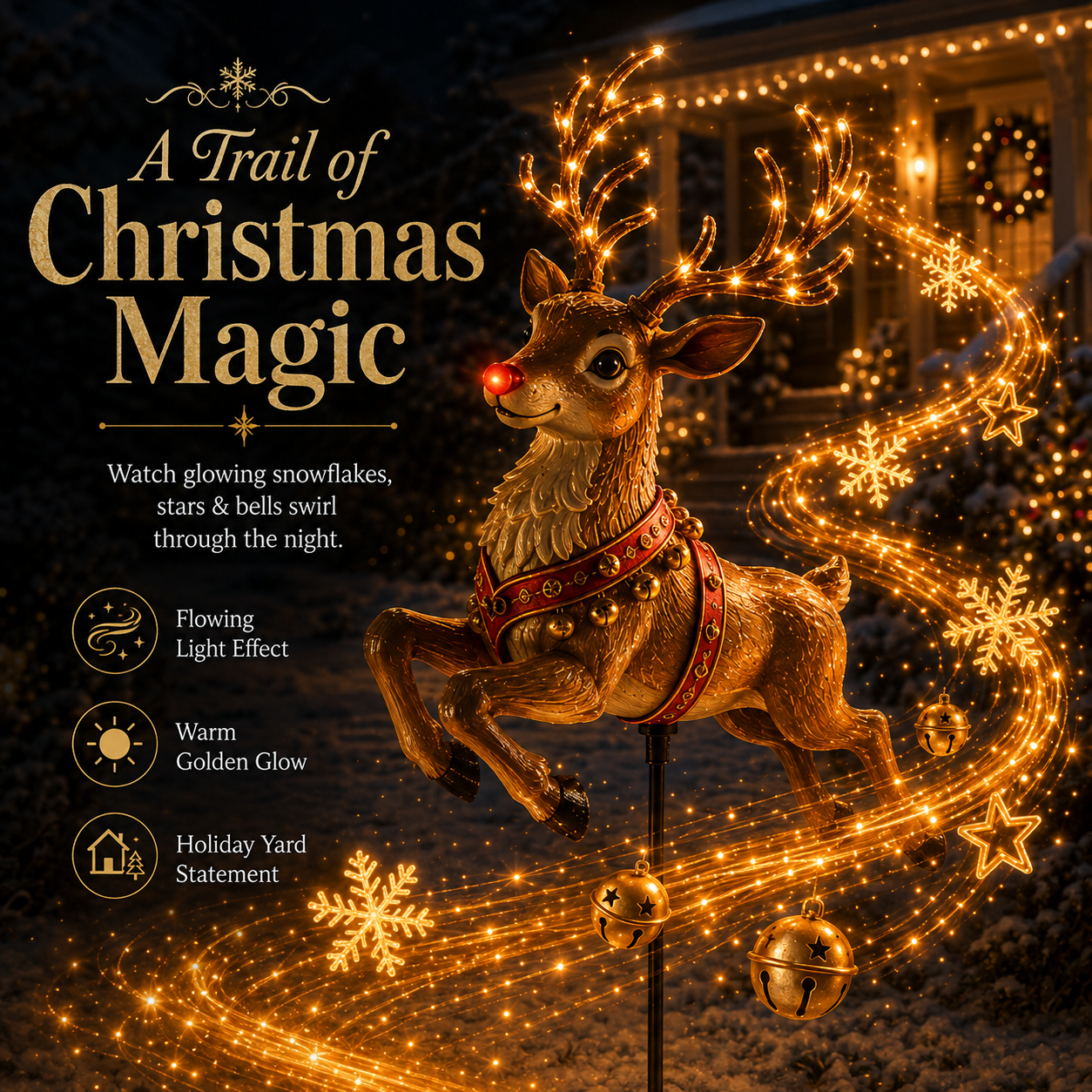 Reindeer with flowing Christmas light trail