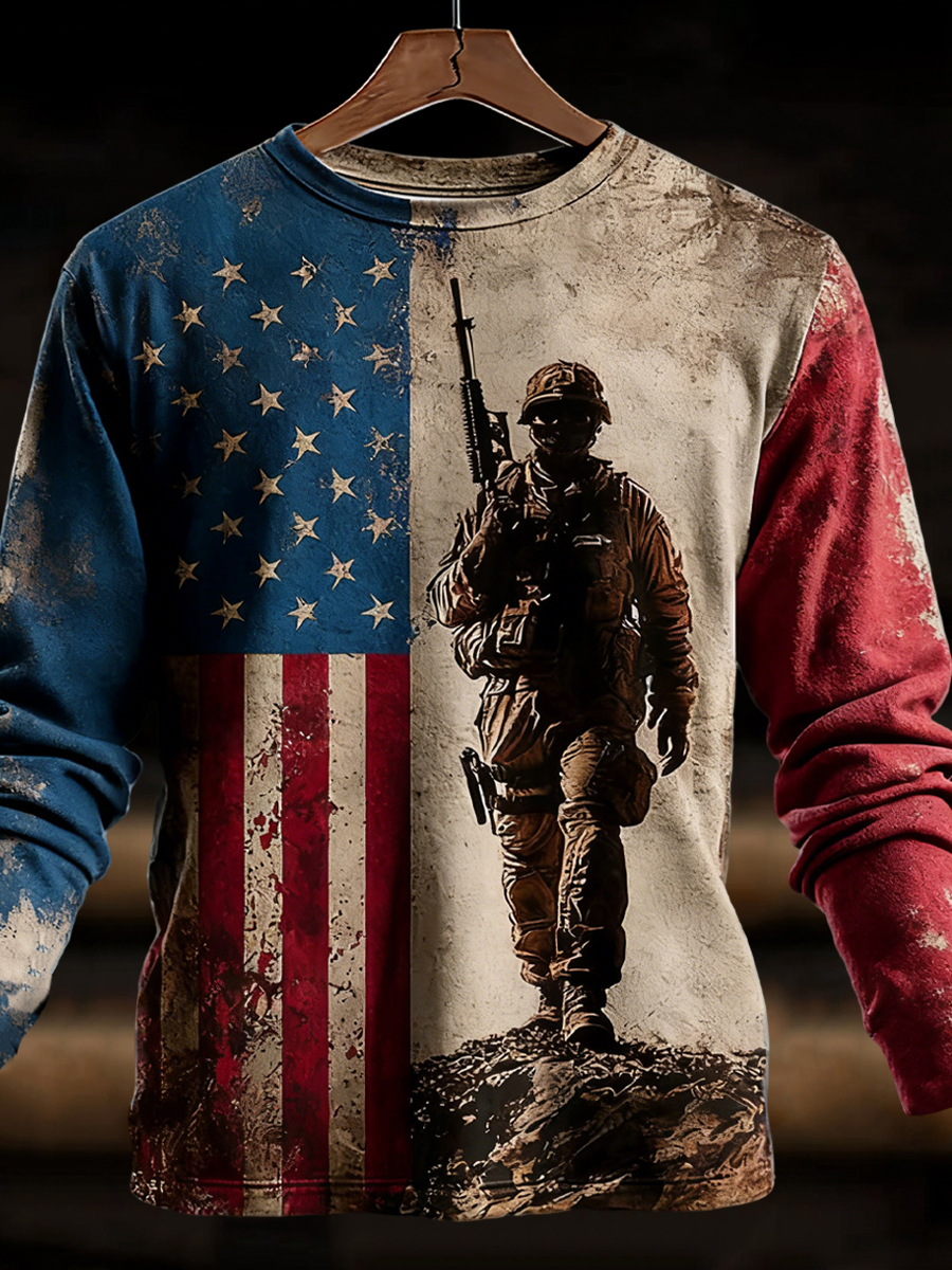 Men's Veterans Day US Flag Printed Long Sleeve T-Shirt