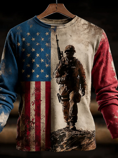 Men's Veterans Day US Flag Printed Long Sleeve T-Shirt