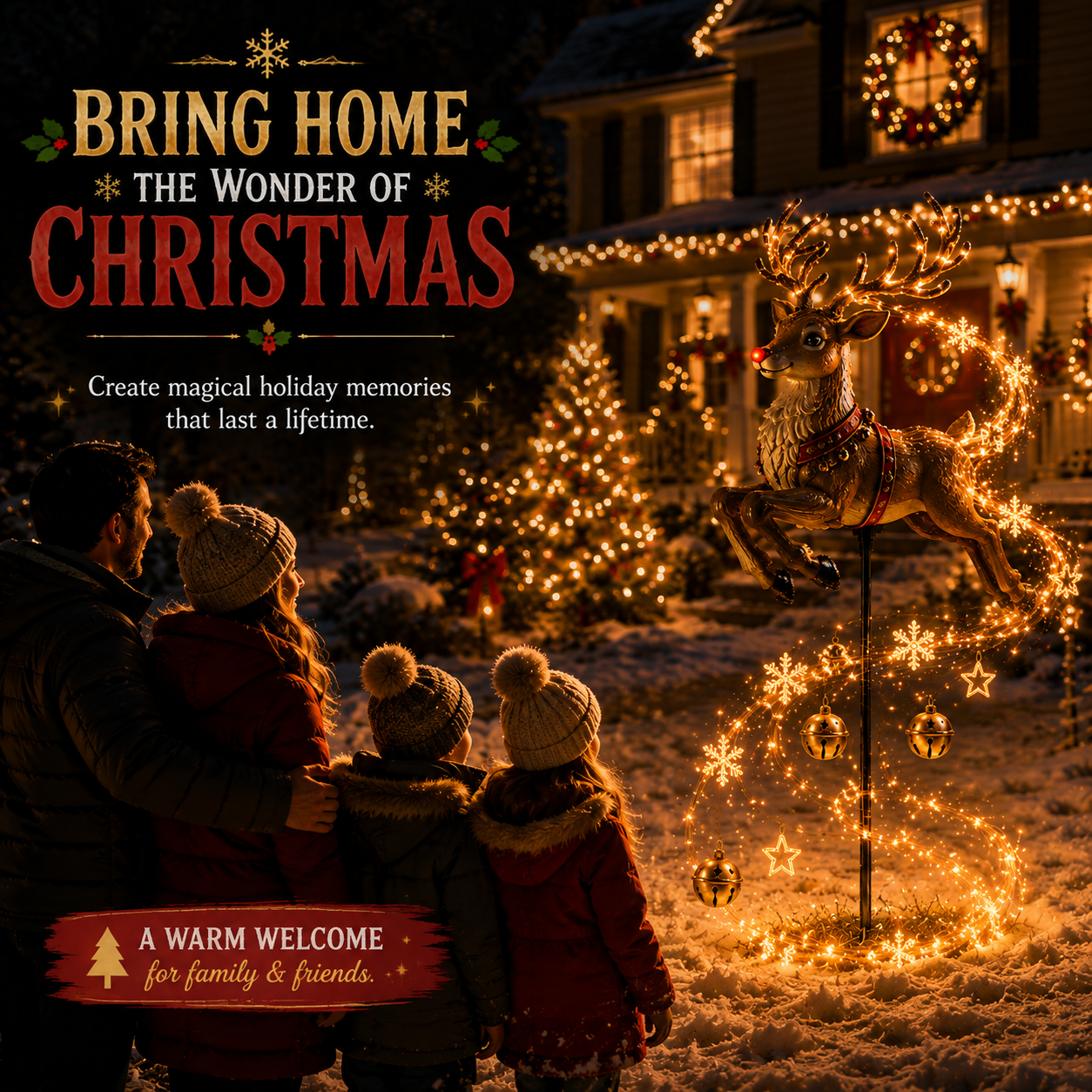 Family enjoying Reindeer Magic Trail Christmas yard decoration