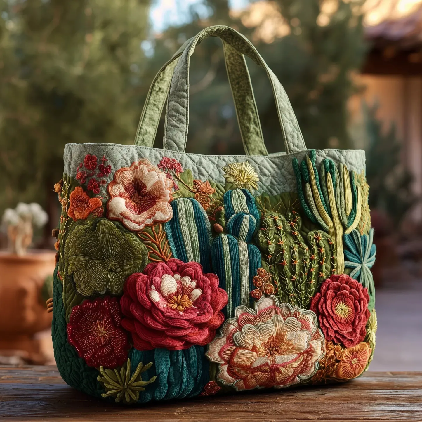 Blooming Cactus Paradise Quilted Tote Bag
