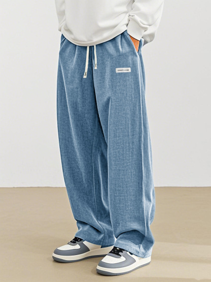 Men's Fashion Casual Everyday Hemp Fabric Pocket Embroidered Logo Loose Trousers 