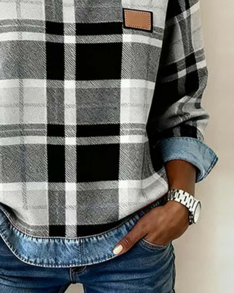🔥Women's Casual Round Neck Denim Patchwork Pullover Sweatshirt