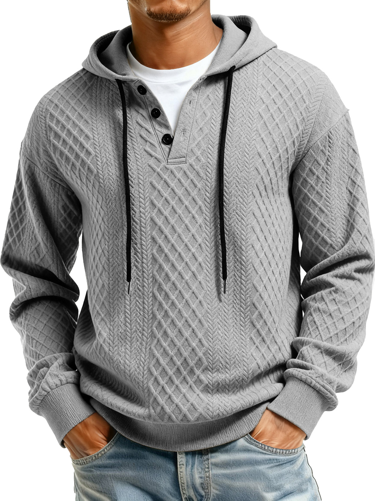 Men's Casual Jacquard Fabric Buttons Long-sleeved Hoodie