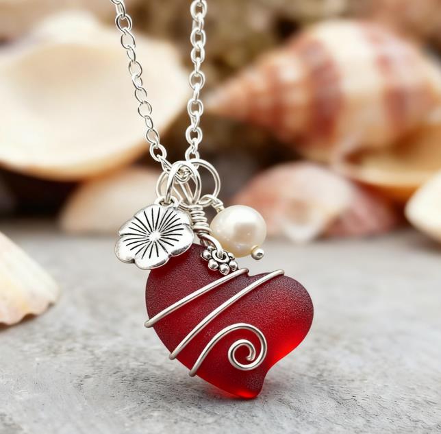 💖Handcrafted Heart Sea Glass Necklace – 💎Sterling Silver Flower Charm  Freshwater Pearl🌈