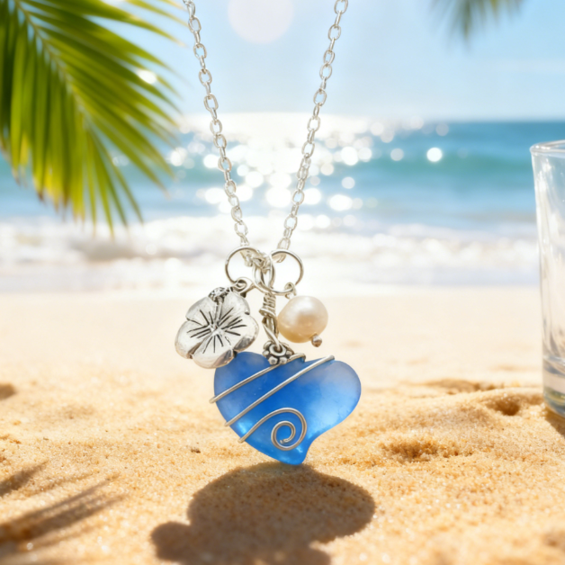 💖Handcrafted Heart Sea Glass Necklace – 💎Sterling Silver Flower Charm  Freshwater Pearl🌈