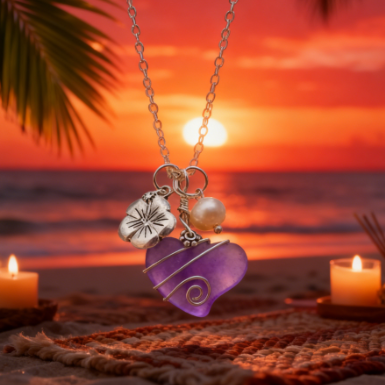 💖Handcrafted Heart Sea Glass Necklace – 💎Sterling Silver Flower Charm  Freshwater Pearl🌈
