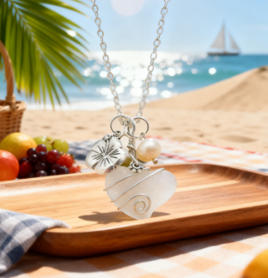 💖Handcrafted Heart Sea Glass Necklace – 💎Sterling Silver Flower Charm  Freshwater Pearl🌈
