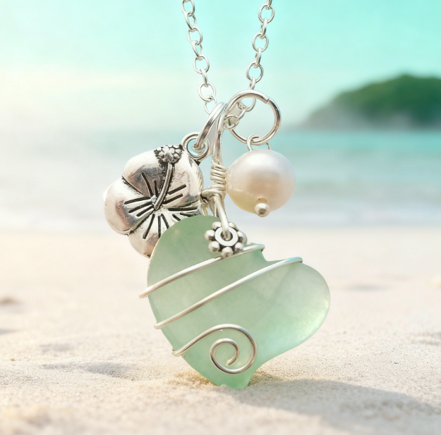 💖Handcrafted Heart Sea Glass Necklace – 💎Sterling Silver Flower Charm  Freshwater Pearl🌈