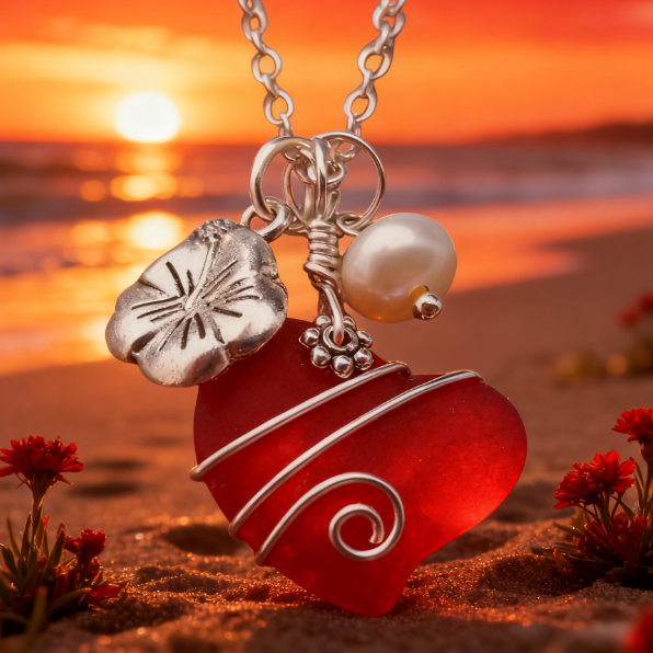 💖Handcrafted Heart Sea Glass Necklace – 💎Sterling Silver Flower Charm  Freshwater Pearl🌈