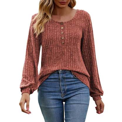 Women's Fall Button Scoop Neck Puff Long Sleeve Henley Shirts