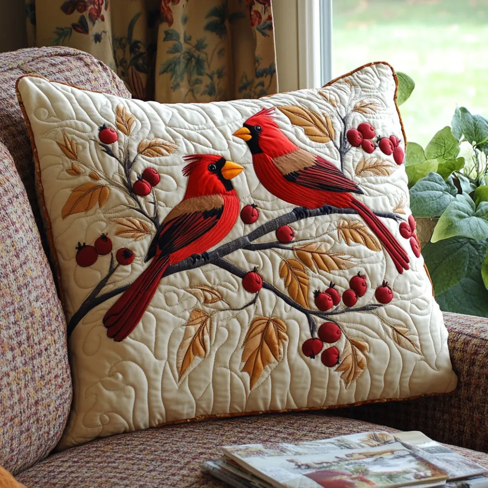 Autumn Cardinal Pair Quilted Pillow