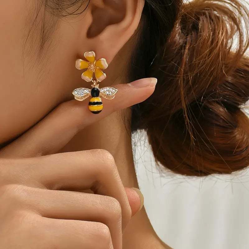Elegant Enamel Flower Bee Earrings