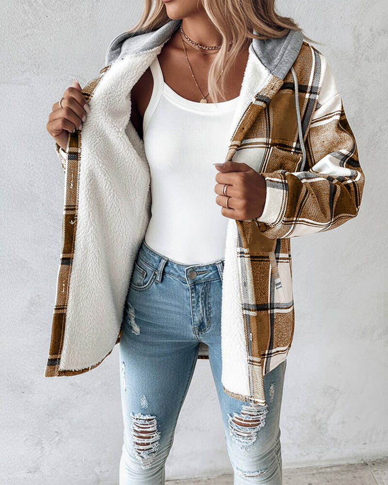 Plaid Pattern Long Sleeve Shacket Button Down Fleece Lined Hooded Jackets Warm Coat