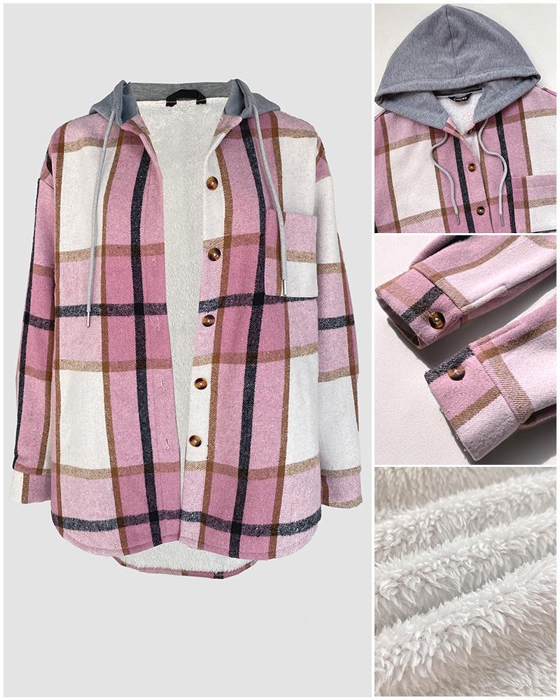 Plaid Pattern Long Sleeve Shacket Button Down Fleece Lined Hooded Jackets Warm Coat