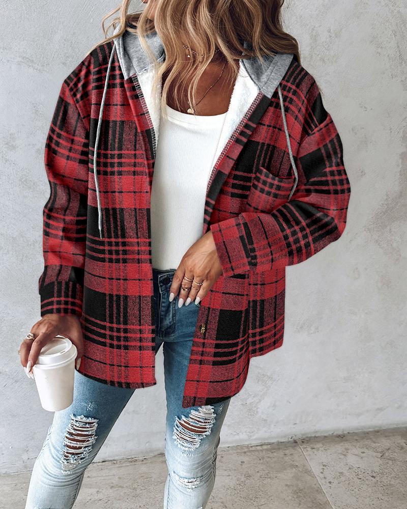 Plaid Pattern Long Sleeve Shacket Button Down Fleece Lined Hooded Jackets Warm Coat