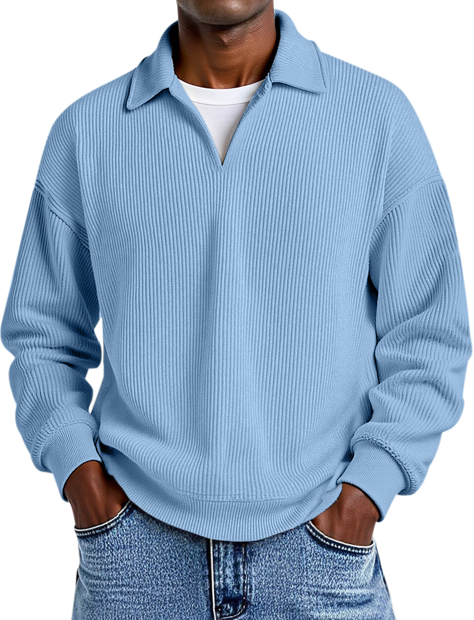 Daily Casual Solid Color Vertical Pit Strip Fake Two-piece Design Lapel Long-sleeved Polo Shirt