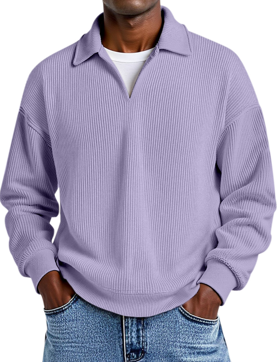 Daily Casual Solid Color Vertical Pit Strip Fake Two-piece Design Lapel Long-sleeved Polo Shirt