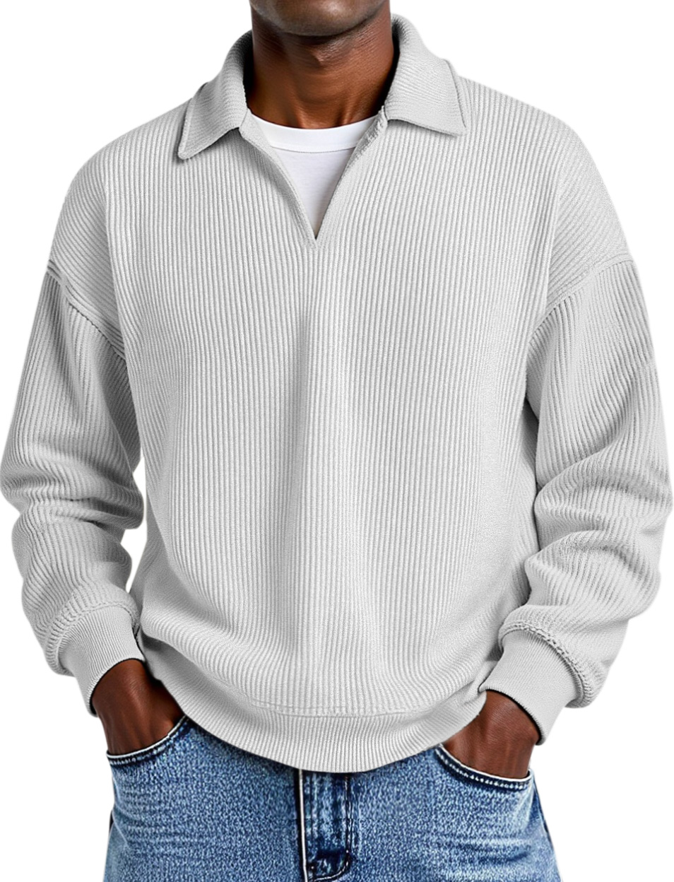 Daily Casual Solid Color Vertical Pit Strip Fake Two-piece Design Lapel Long-sleeved Polo Shirt