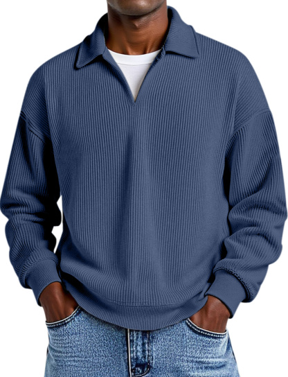 Daily Casual Solid Color Vertical Pit Strip Fake Two-piece Design Lapel Long-sleeved Polo Shirt